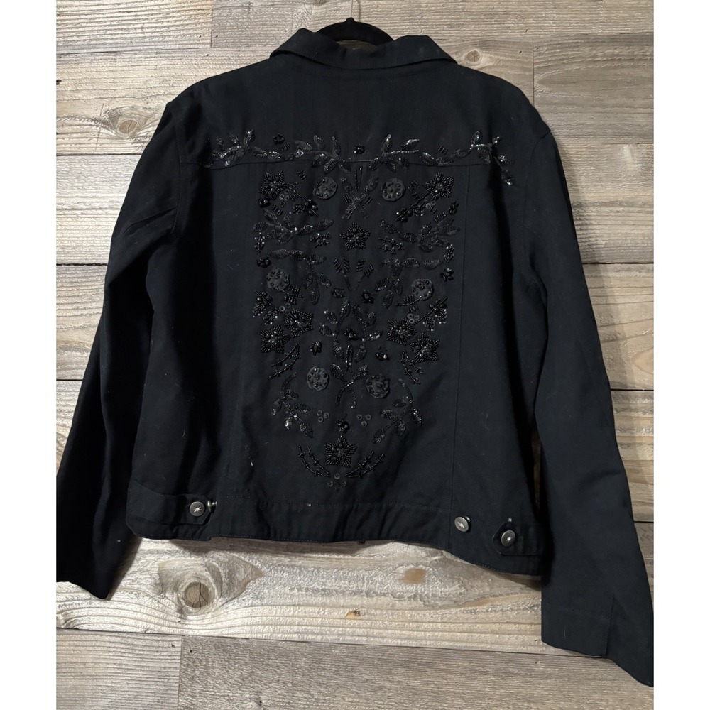 Vintage 90s Chico's Design Womens Black Denim Jacket Black Beaded Back Sz 16 (3)